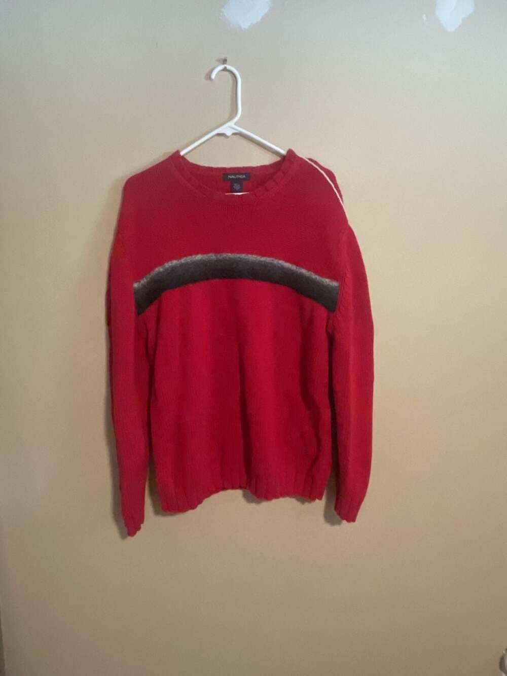 Nautica Crewneck Sweater Size L Red Cotton Wool Stripe